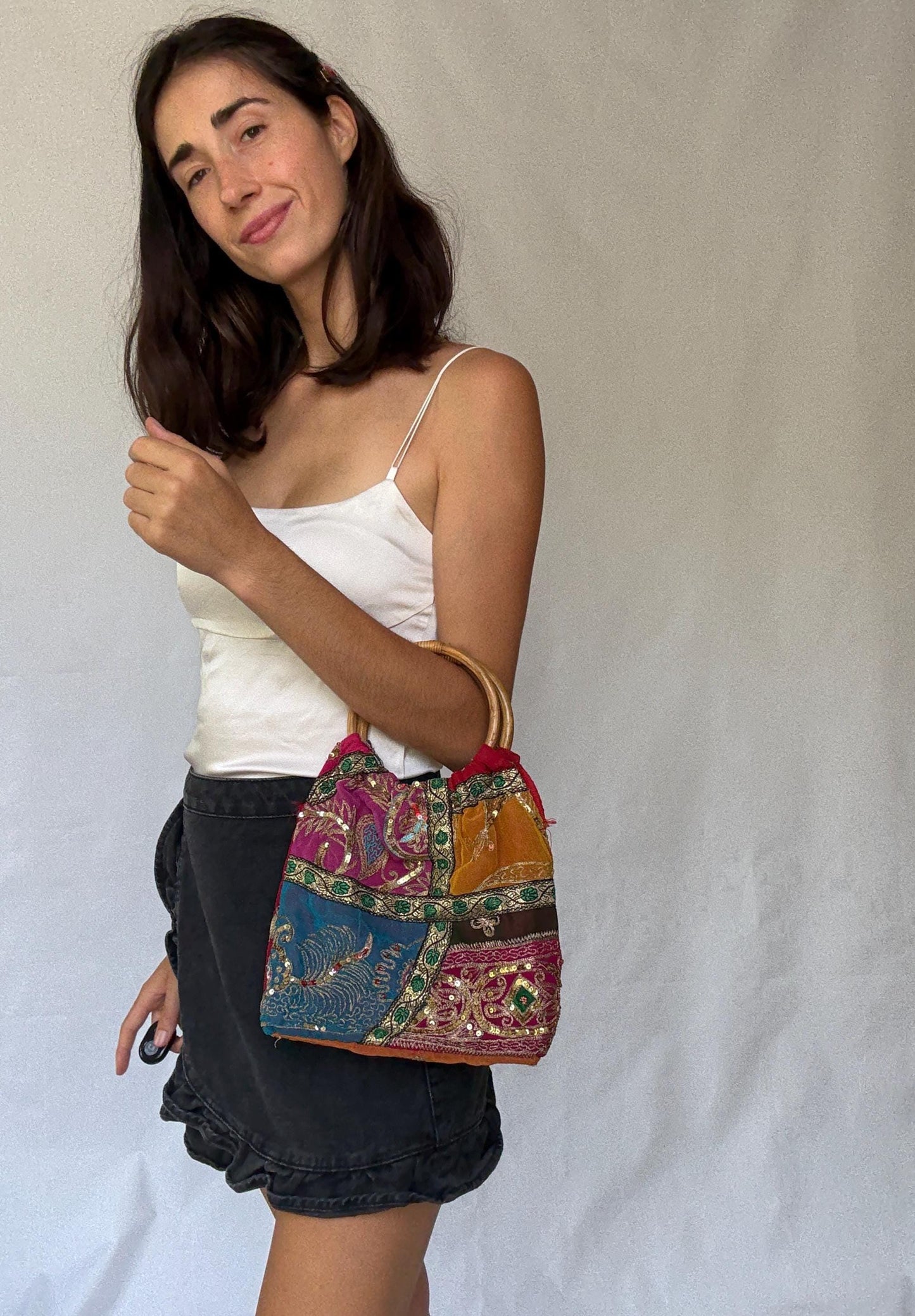 Colorful boho sequin handbag | bamboo top handle festival purse | embroidered patchwork bag | summer gypsy hippie style accessory