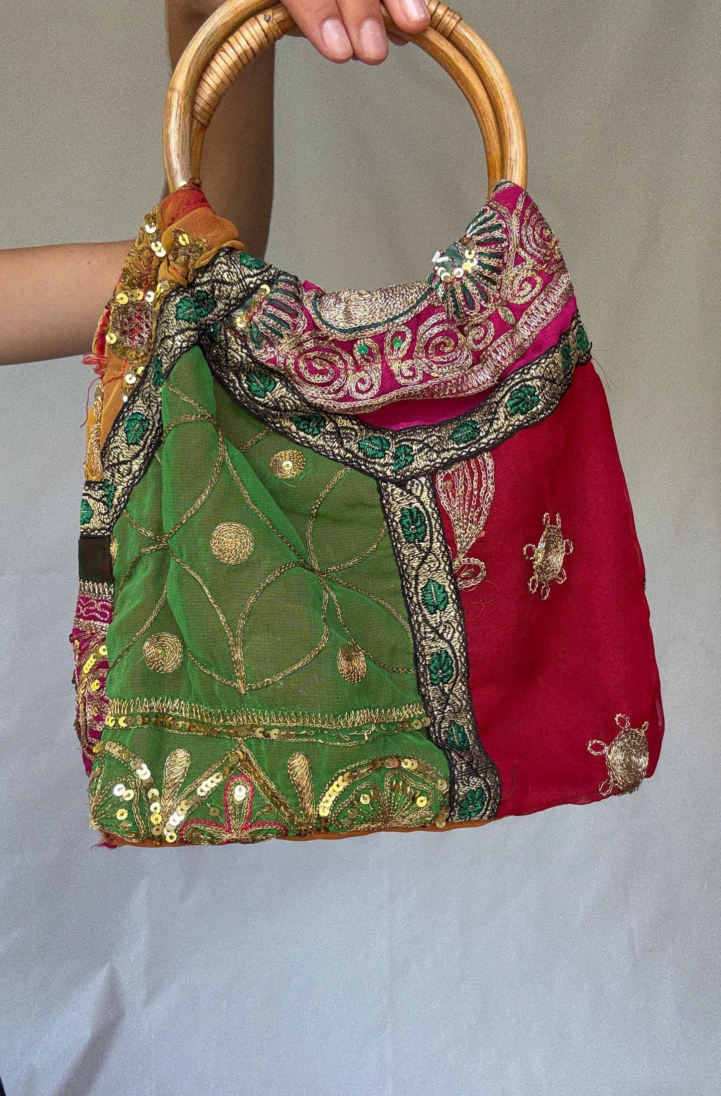 Colorful boho sequin handbag | bamboo top handle festival purse | embroidered patchwork bag | summer gypsy hippie style accessory