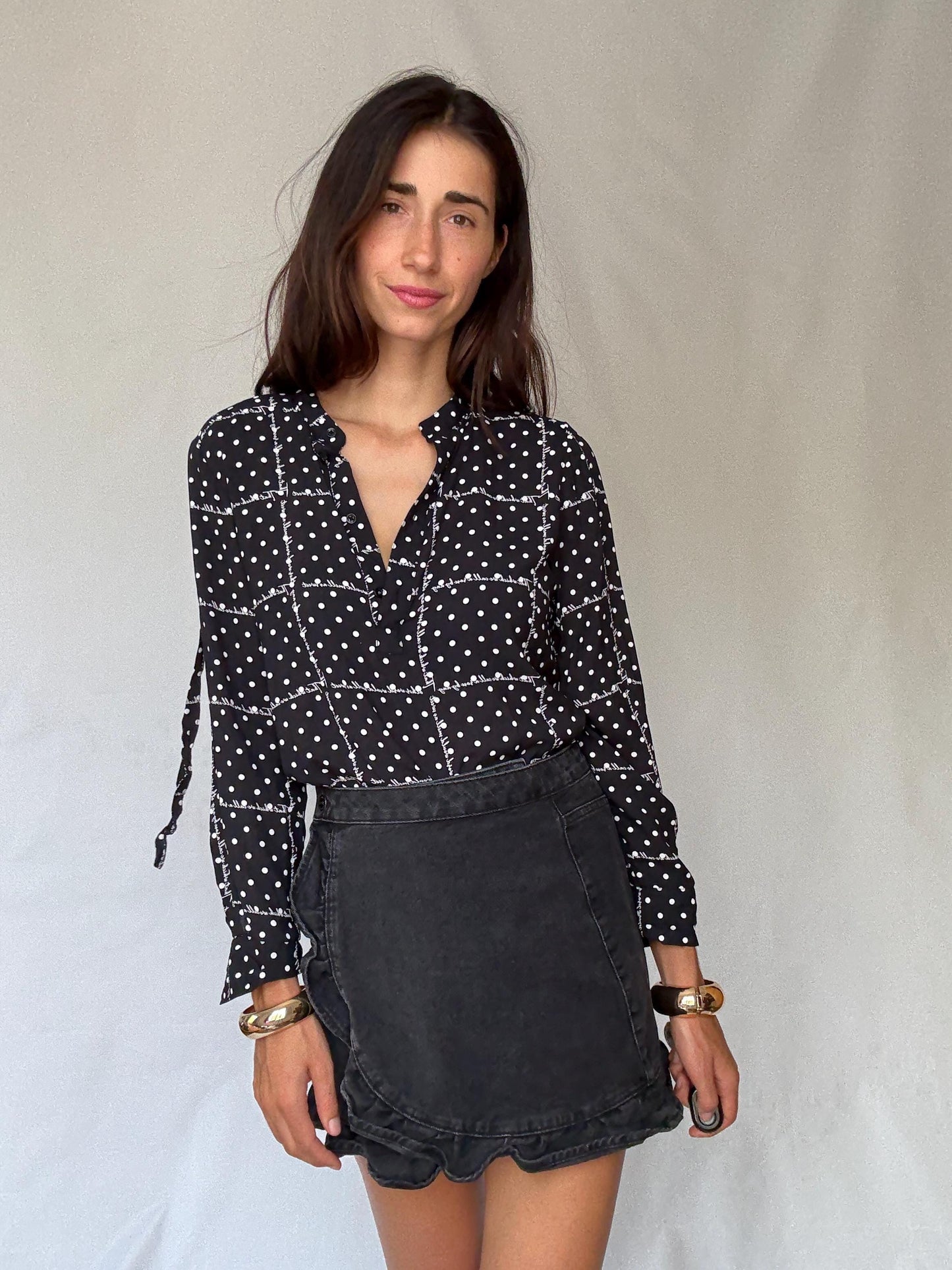 Black and white 100% modal blouse S with roll-up sleeves, preppy lightweight shirt, dot grid top, soft Benetton casual office style