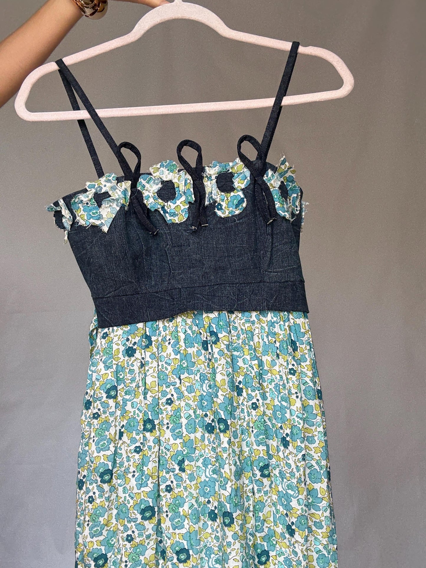 Rinascimento Italy floral cotton mini dress – denim bodice & blue green print skirt, fits S-M