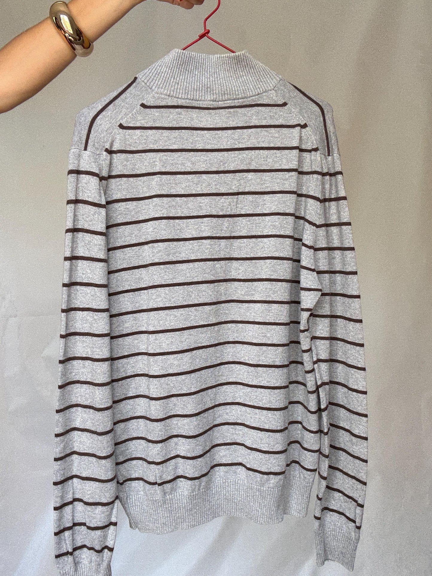 Massimo Dutti men’s striped US M cotton pullover – grey and brown half button knit sweater with ribbed cuffs and hem, classic preppy casual