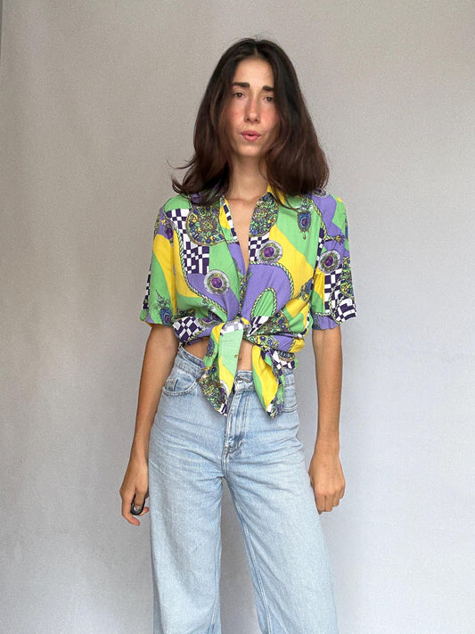 Vintage colorful print short sleeve shirt, Abstract geometric pattern button up blouse, retro 80s vibrant style clothing,