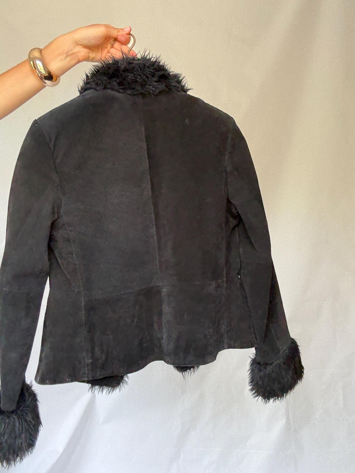 Vintage black suede lammy jacket with faux fur trim, 100% leather short winter coat, Parisian chic women clothing, Emily in paris style