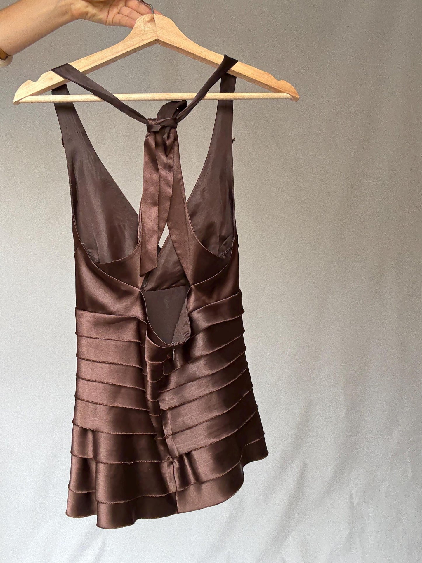 Adolfo Dominguez luxury brown satin camisole, deep V neckline top, size 38