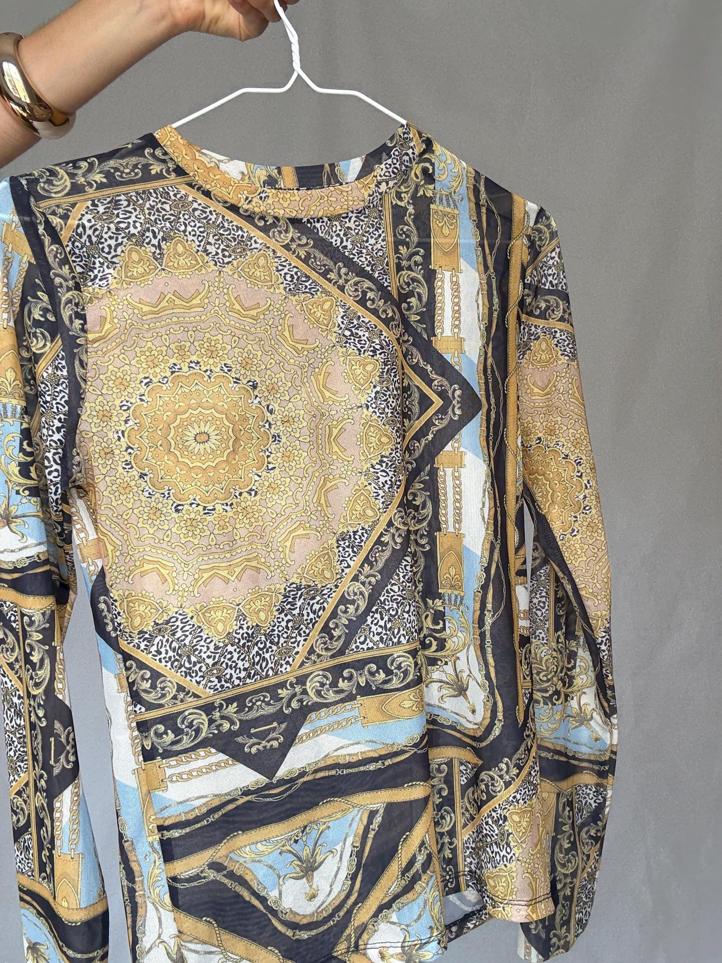 Y2K sheer baroque print mesh long sleeve women’s top – gold black blue vintage style (US S-M fit)