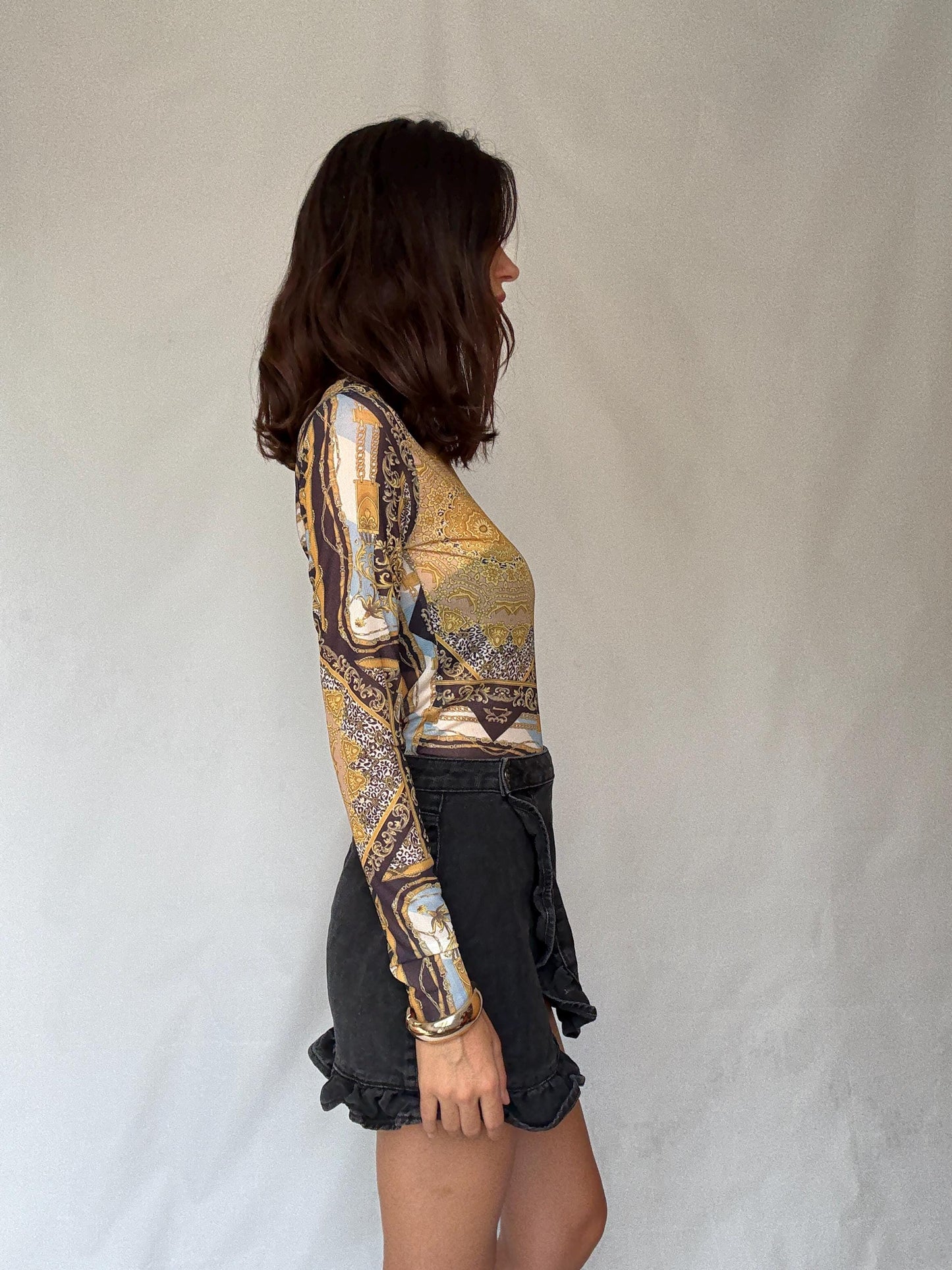 Y2K sheer baroque print mesh long sleeve women’s top – gold black blue vintage style (US S-M fit)