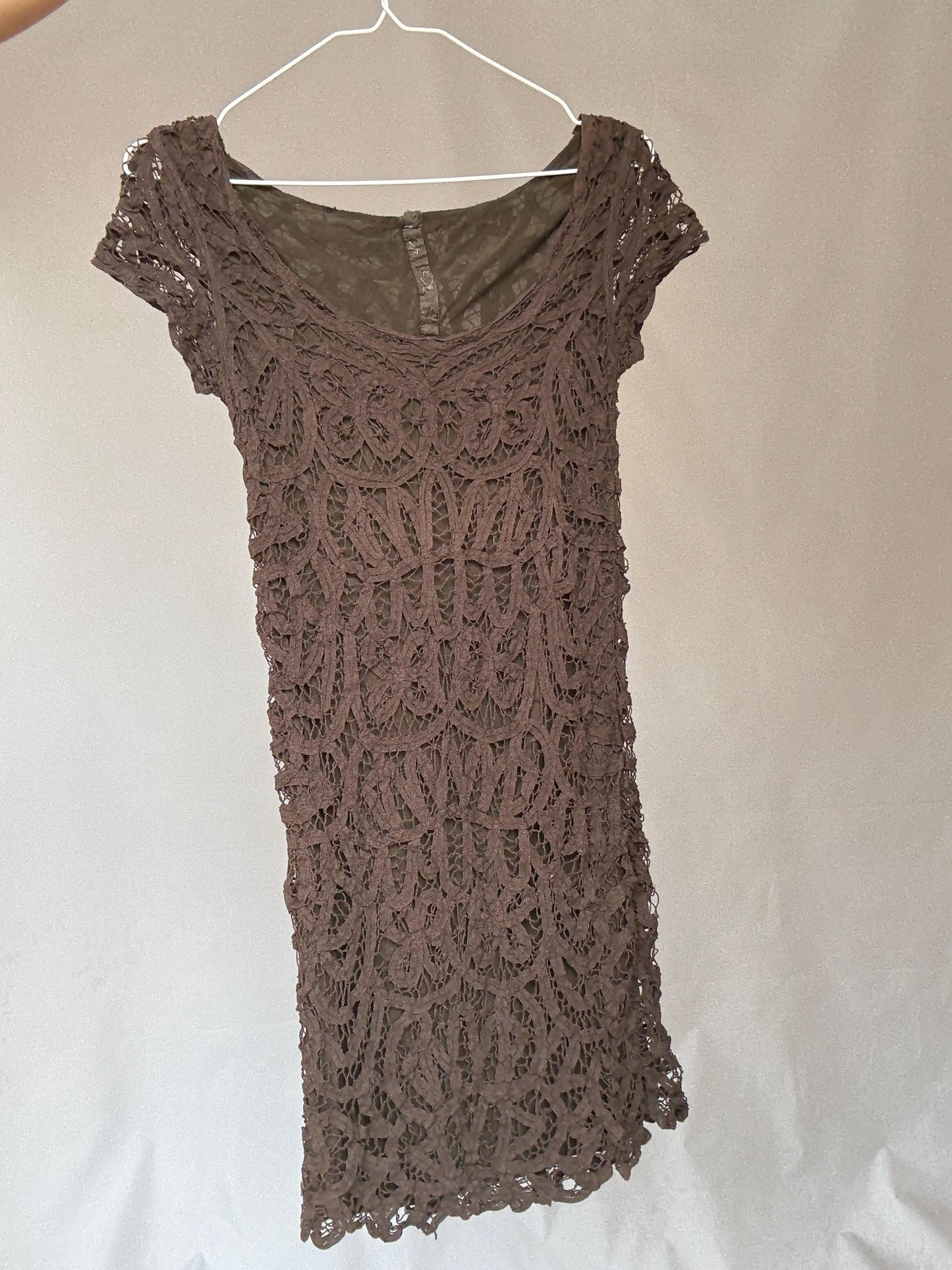 Brown lace mini dress – sheer crochet overlay – Sexy women’s party dress (S fit)