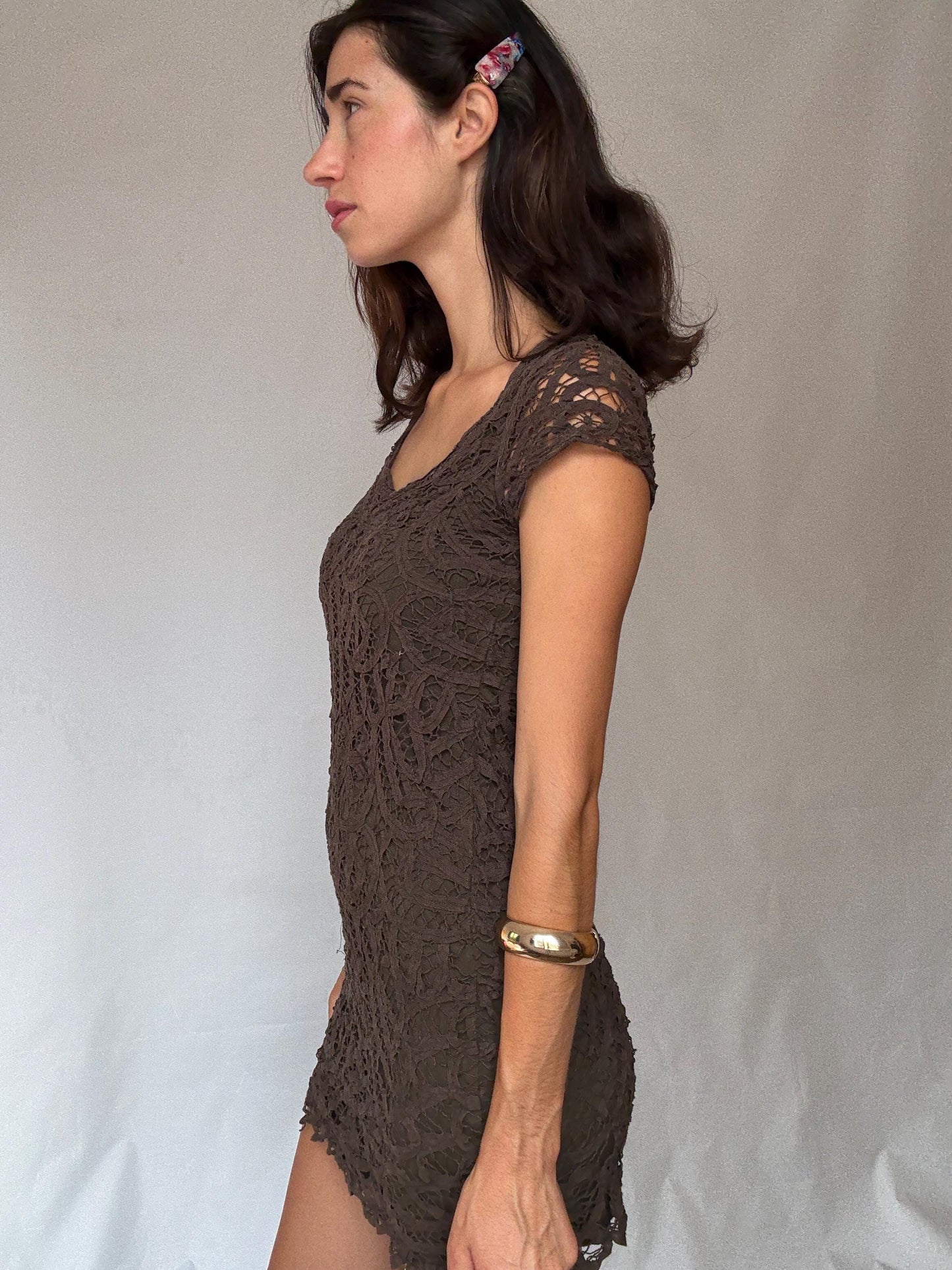 Brown lace mini dress – sheer crochet overlay – Sexy women’s party dress (S fit)