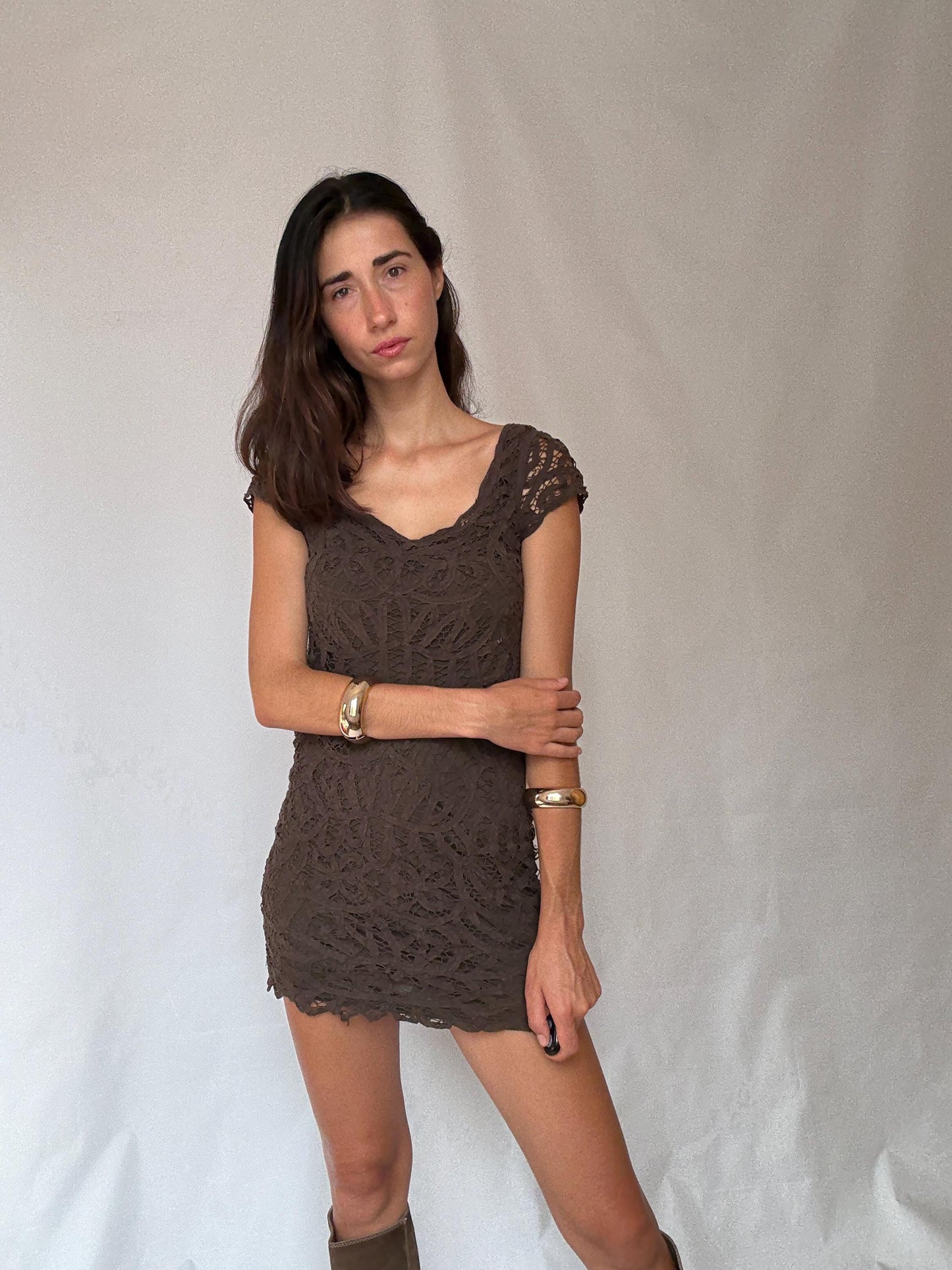 Brown lace mini dress – sheer crochet overlay – Sexy women’s party dress (S fit)