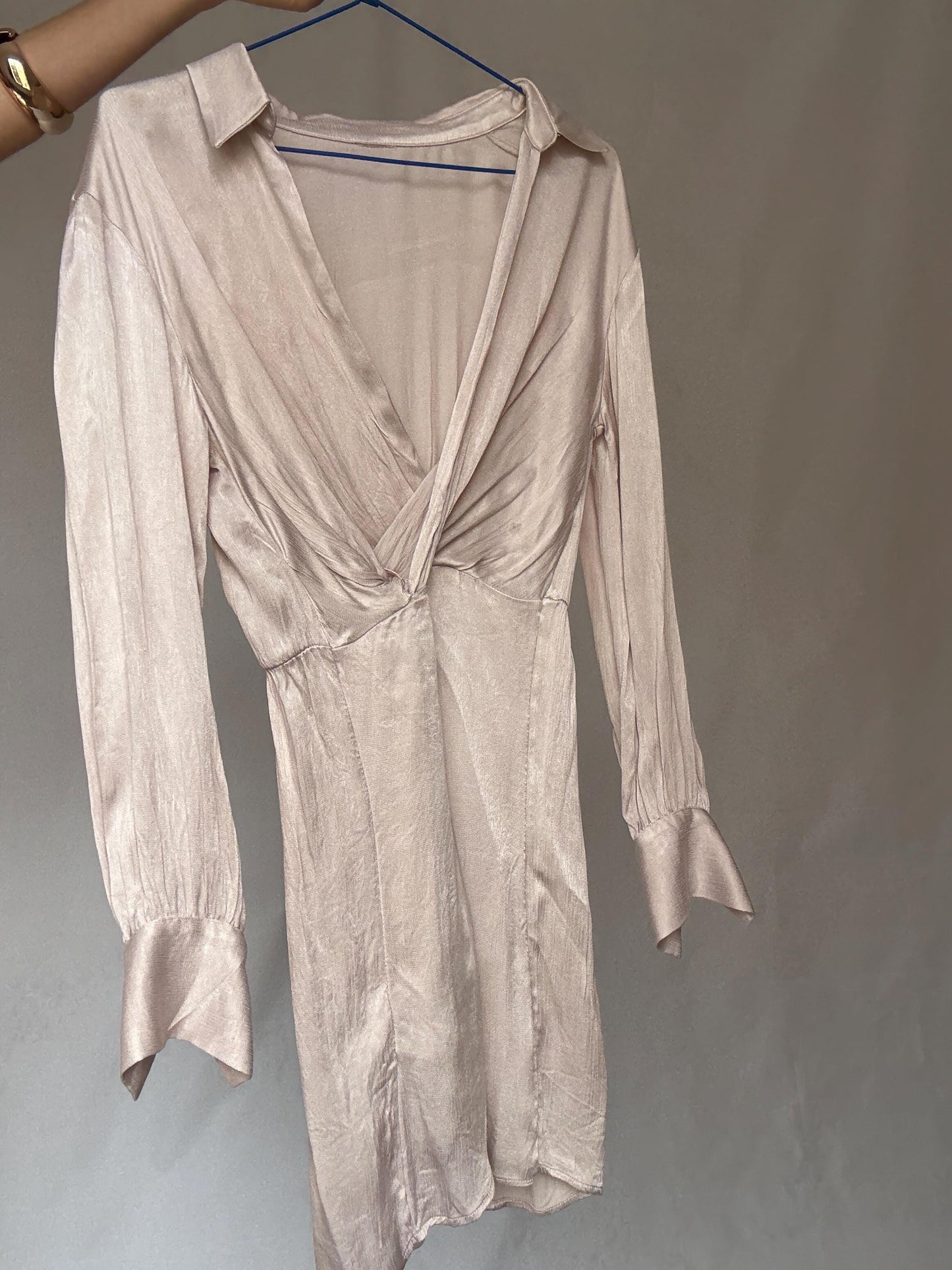 Champagne satin wrap mini dress – long sleeve collared dress – elegant evening outfit, Size 36 - 38