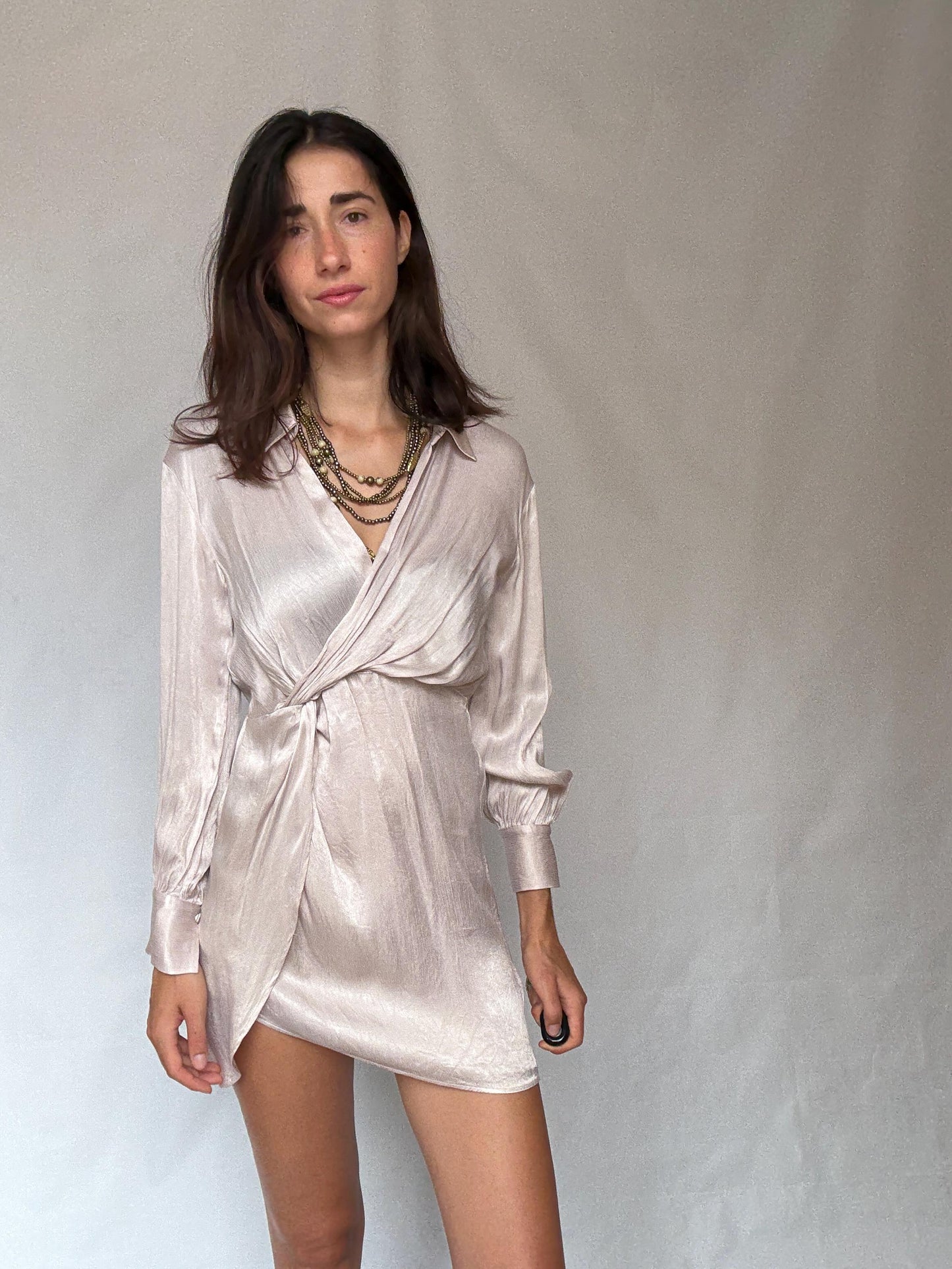 Champagne satin wrap mini dress – long sleeve collared dress – elegant evening outfit, Size 36 - 38