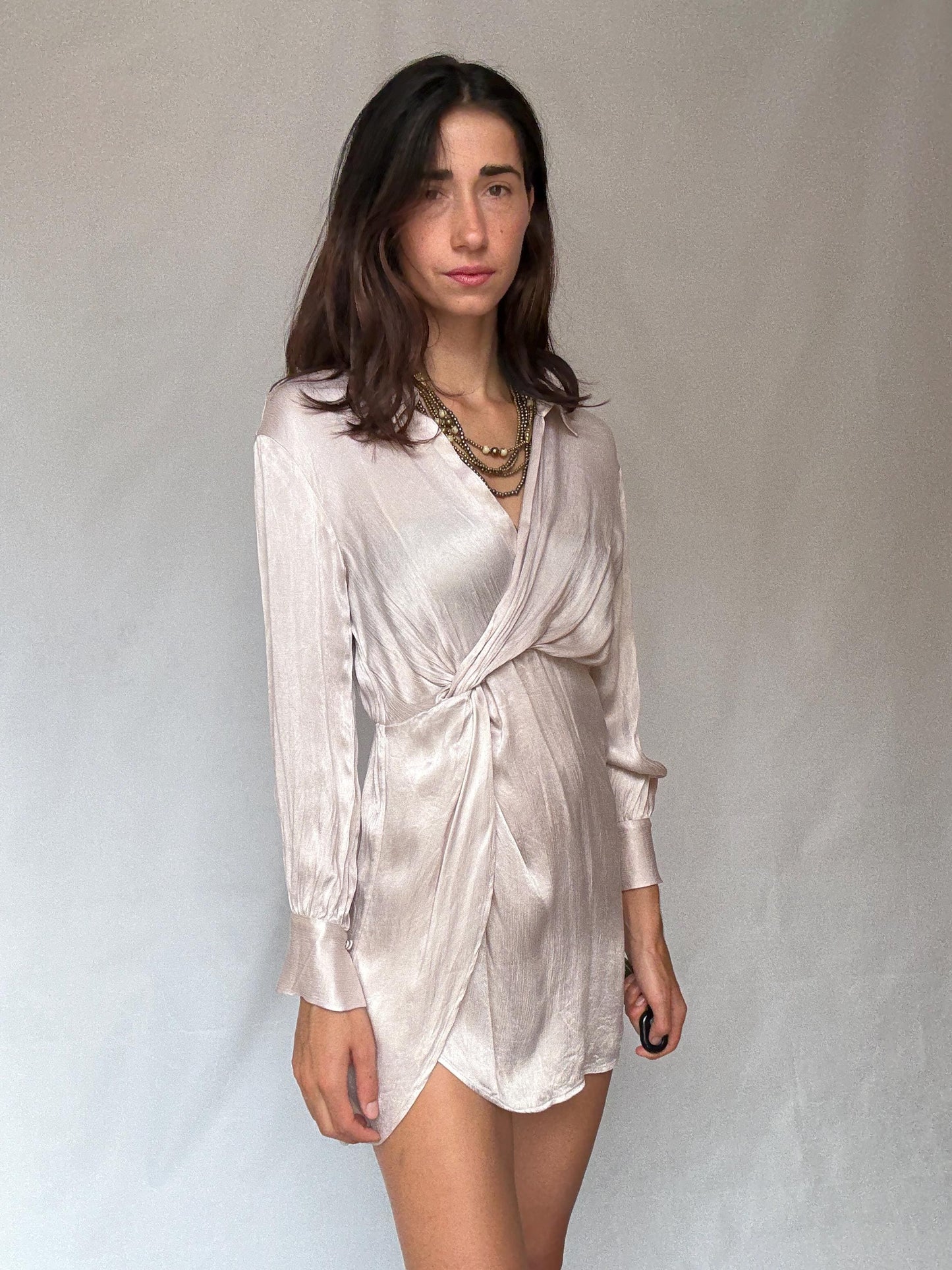 Champagne satin wrap mini dress – long sleeve collared dress – elegant evening outfit, Size 36 - 38