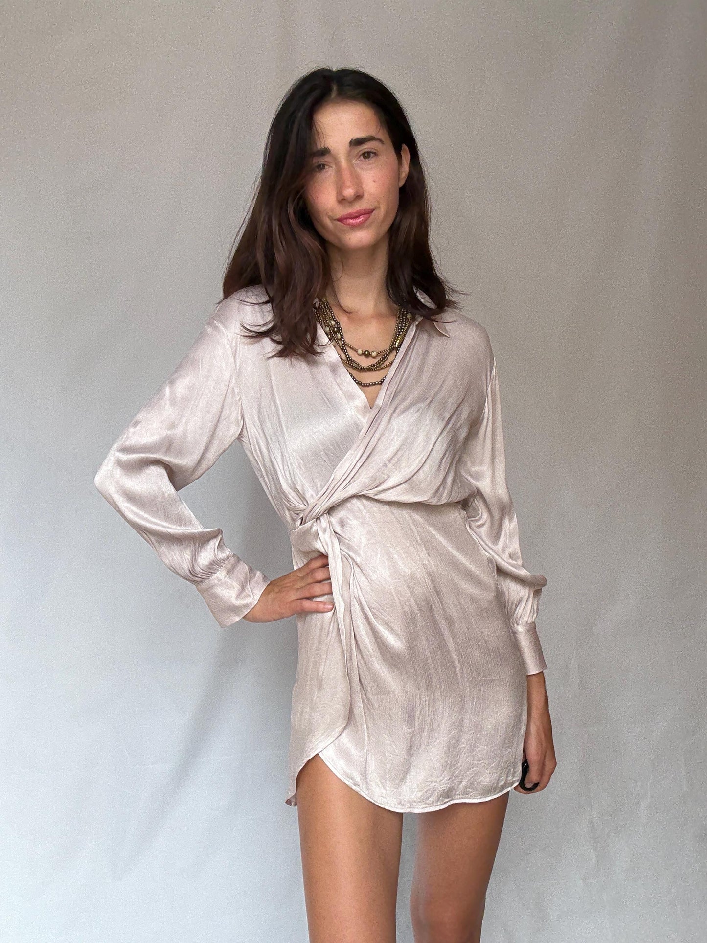 Champagne satin wrap mini dress – long sleeve collared dress – elegant evening outfit, Size 36 - 38