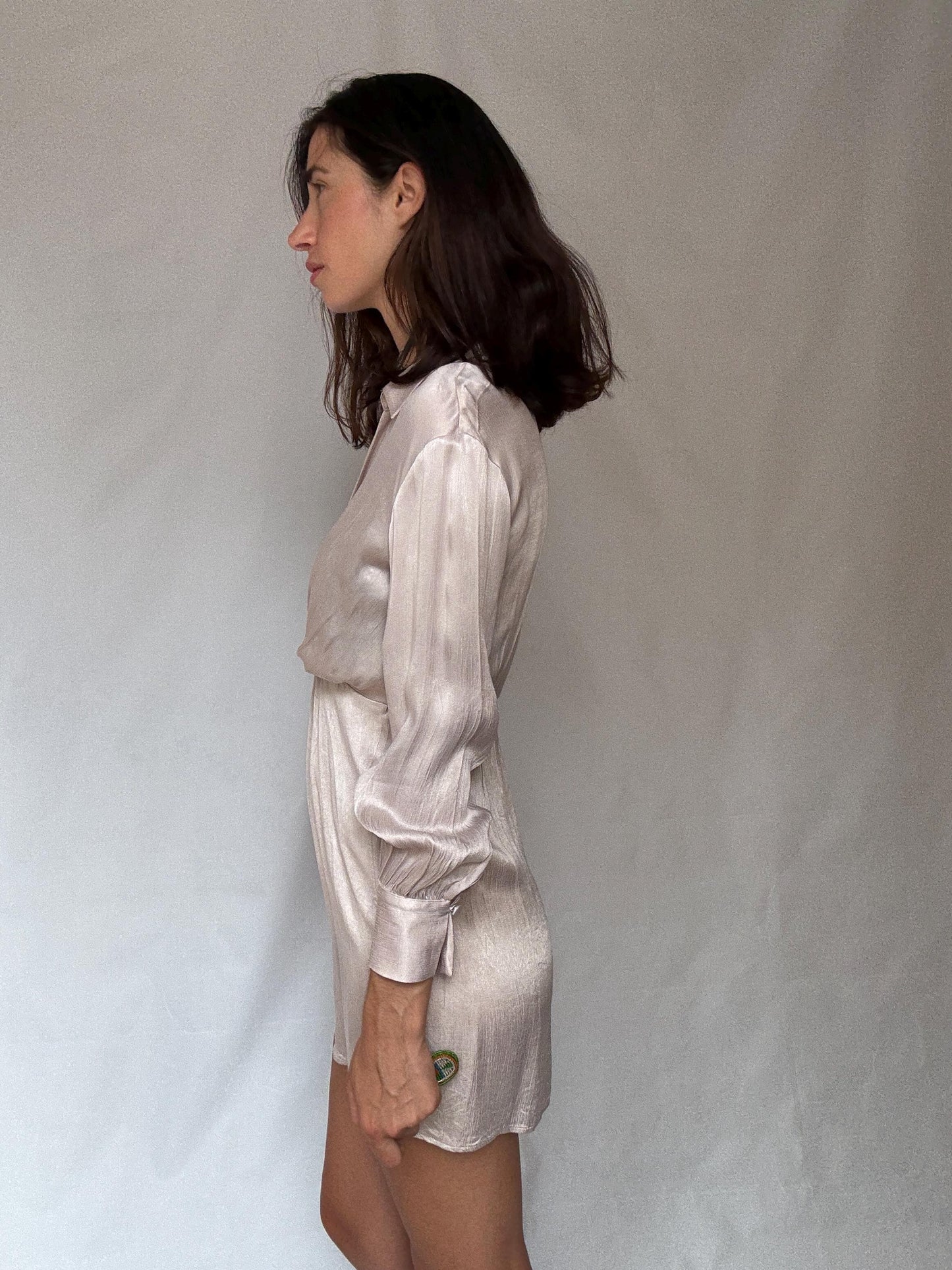 Champagne satin wrap mini dress – long sleeve collared dress – elegant evening outfit, Size 36 - 38