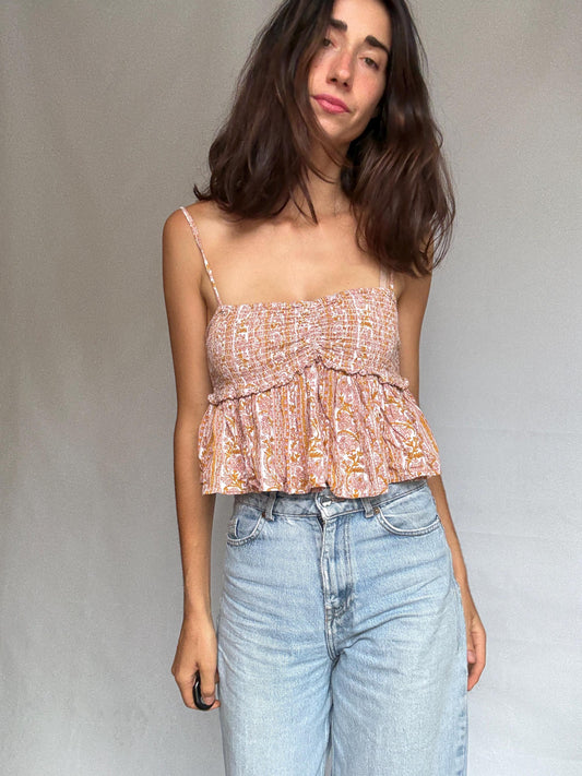 Boho crop top, shirred bodice tank, peplum hem, bohemian sky ferreira, US XS - S, street festival vibe woman clothing