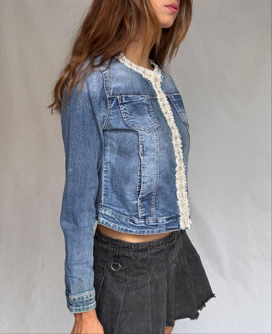 Pearl-Trimmed Vintage Denim Jacket — detail