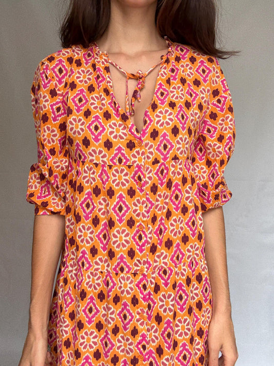 Vintage orange cotton floral geometric dress, bohemian casual, XL