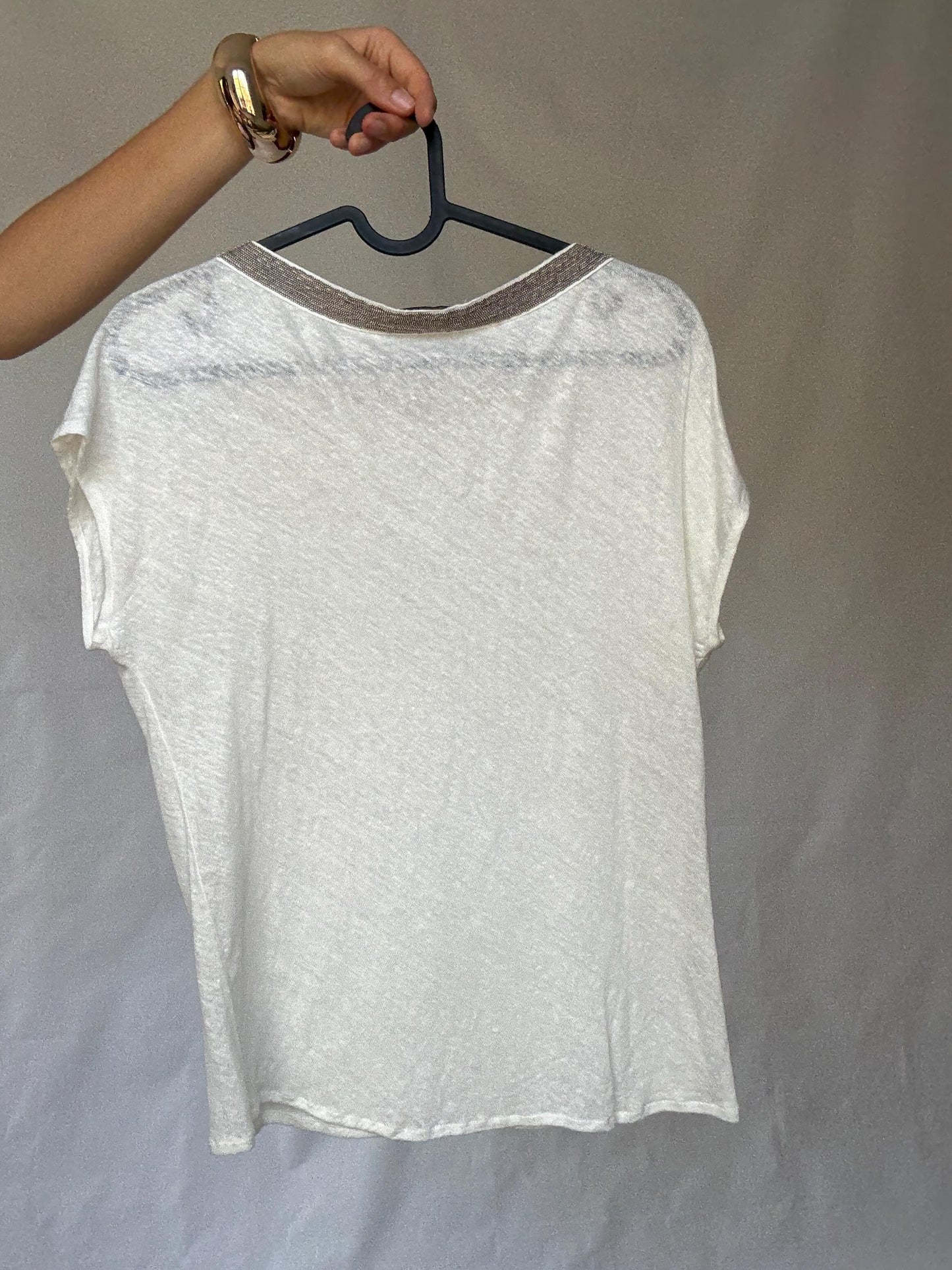 Gorgeous Massimo Dutti White Women's Shirt with Beaded Neckline Detailing in Estimated Size S, sheer Casual Vintage Style,