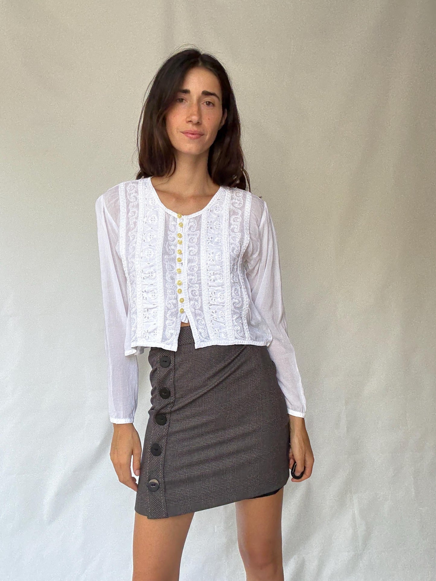 Classic Vintage-Inspired White Blouse with Lace Embroidery and Button Fastening, Light Academic Style by Keira Knightley