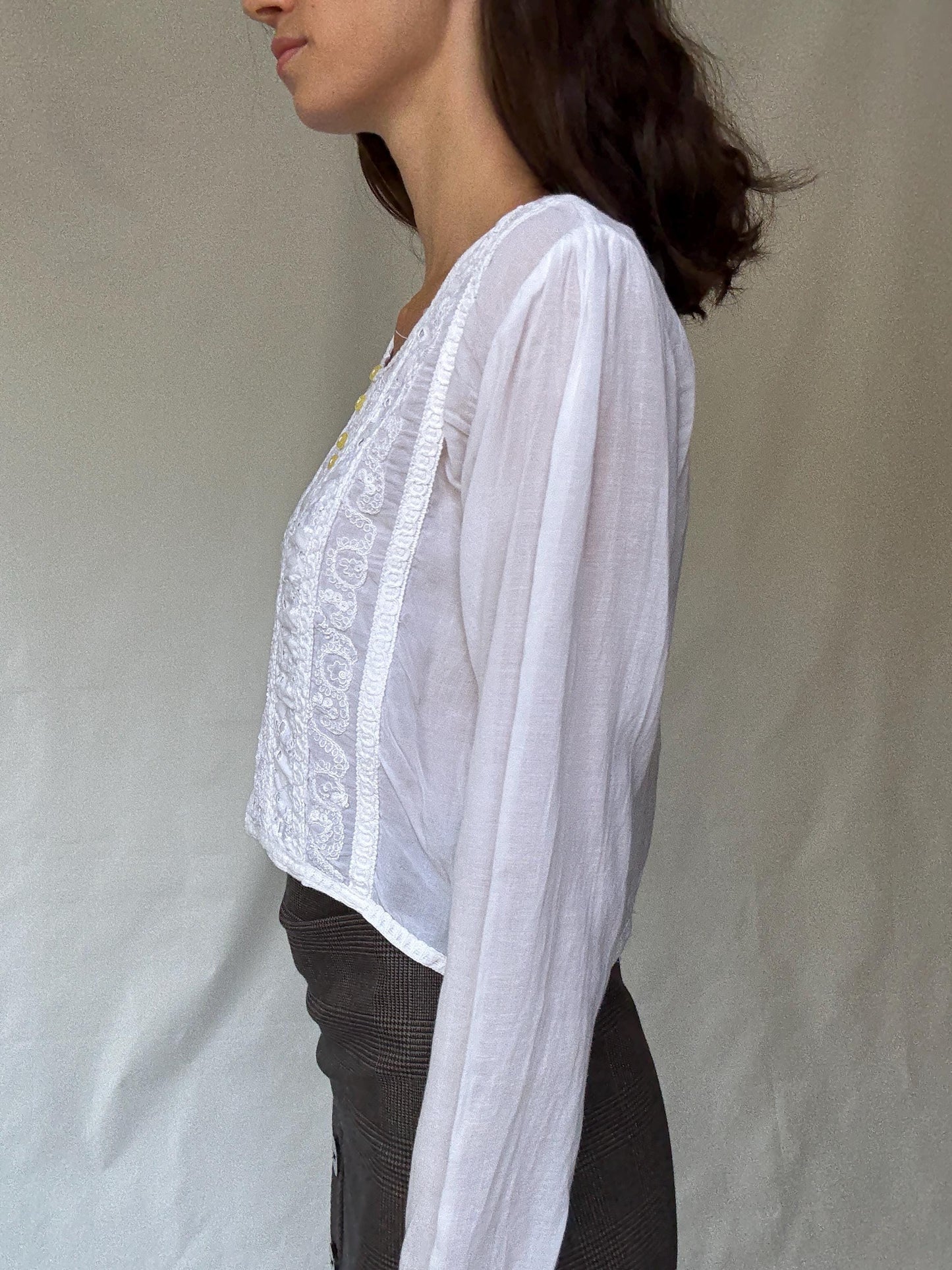 Classic Vintage-Inspired White Blouse with Lace Embroidery and Button Fastening, Light Academic Style by Keira Knightley