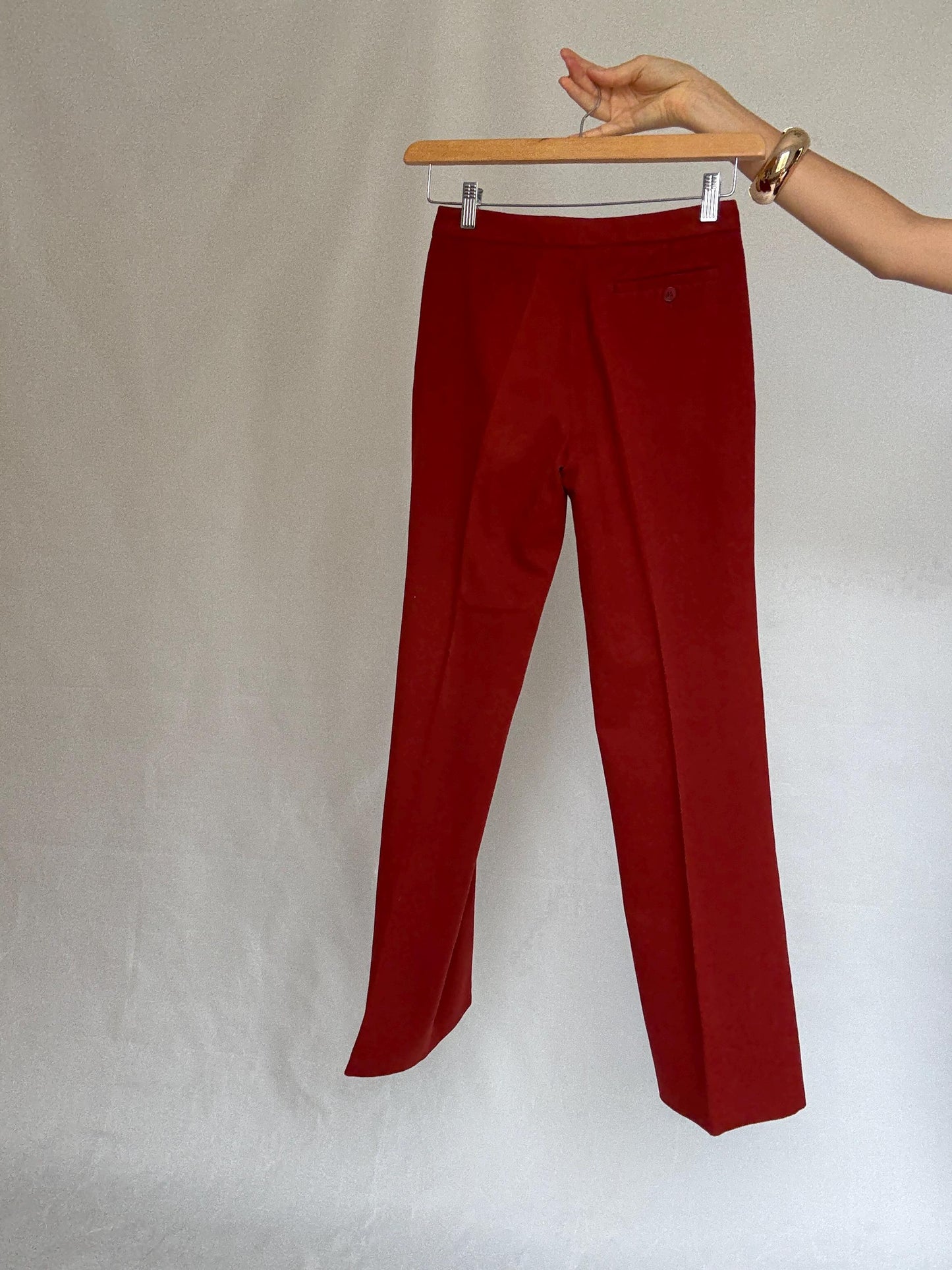 Massimo Dutti red trousers, pure wool, high waist tailored fit, streamlined look, elegant chic, US S, formal office wear