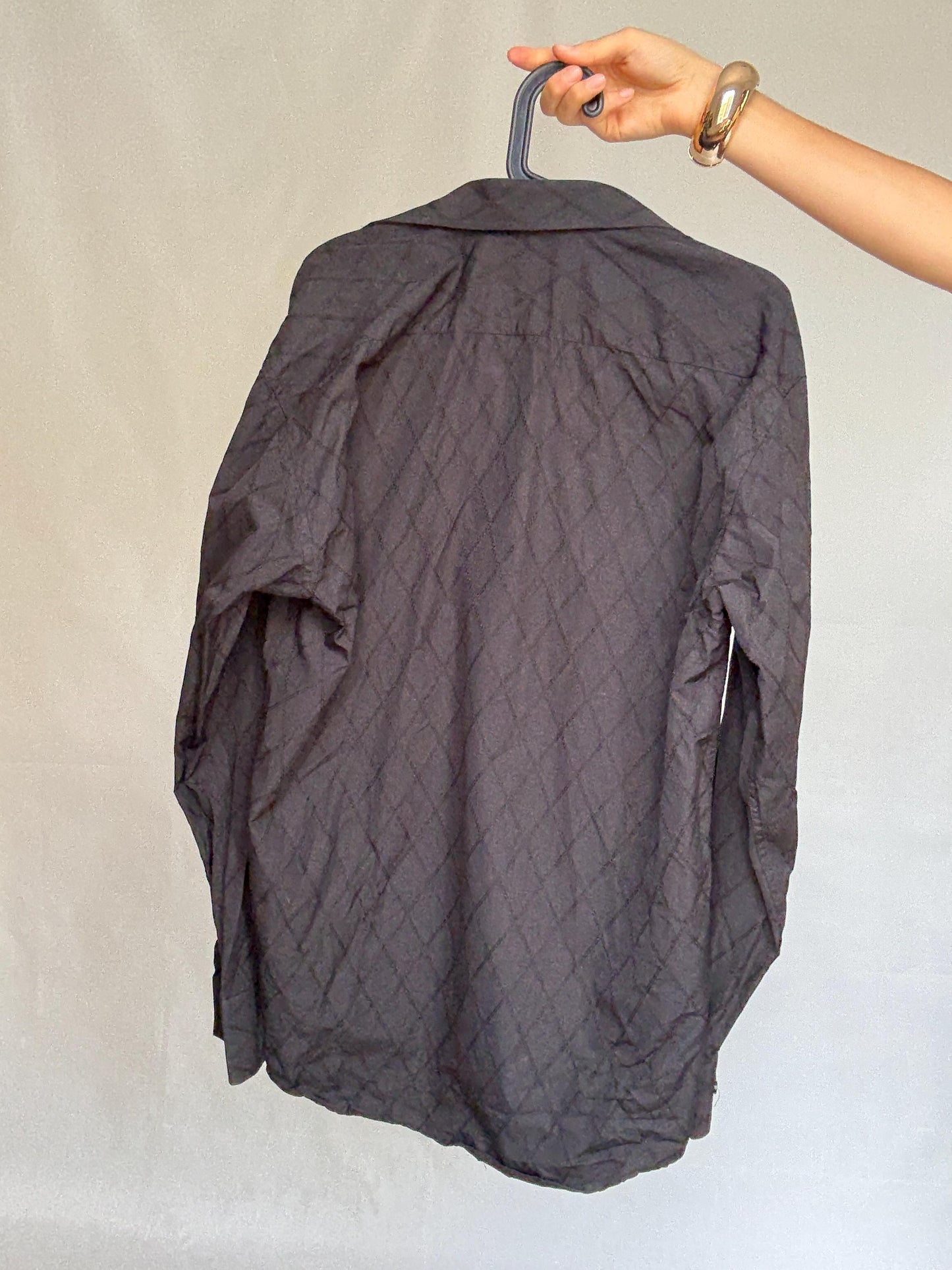 Vintage black quilted shirt, cotton, relaxed fit, classic button, up, diamond quilted pattern, streetwear Kristen Stewart, US L