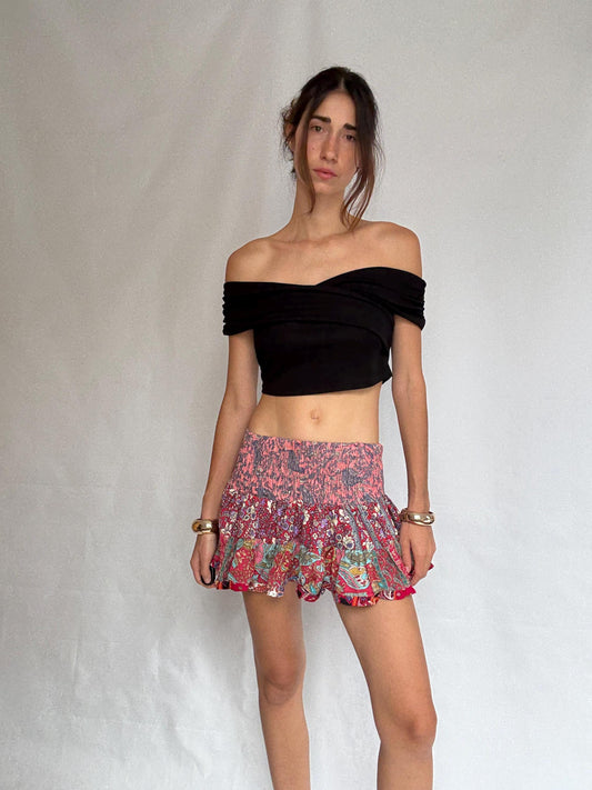 Bohemian patchwork sindia skirt, silk blend feel, high waist smocked band, tiered ruffle hem, bohemian festival vibe, US S, casual summer