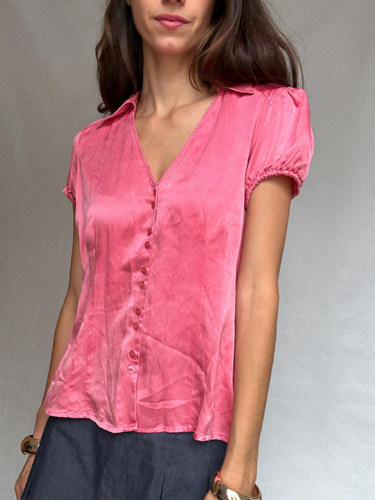 Pink silk blouse, classic fit, v neck with button front, puffed sleeves, romantic cottagecore, US XL, versatile everyday wear