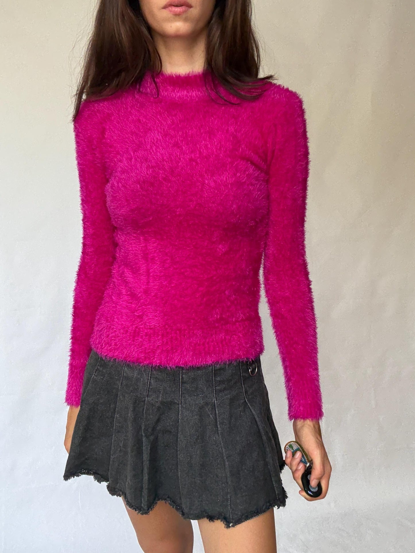 Y2K Vibrant pink jumper, cotton feel, relaxed fit, fluffy texture,90s Nicole richie style, US S, streetwear fun