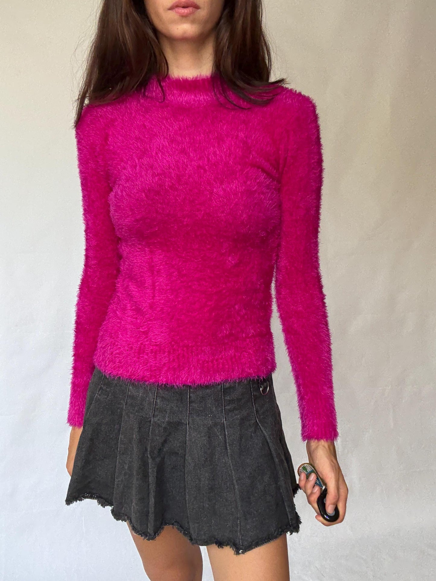 Y2K Vibrant pink jumper, cotton feel, relaxed fit, fluffy texture,90s Nicole richie style, US S, streetwear fun