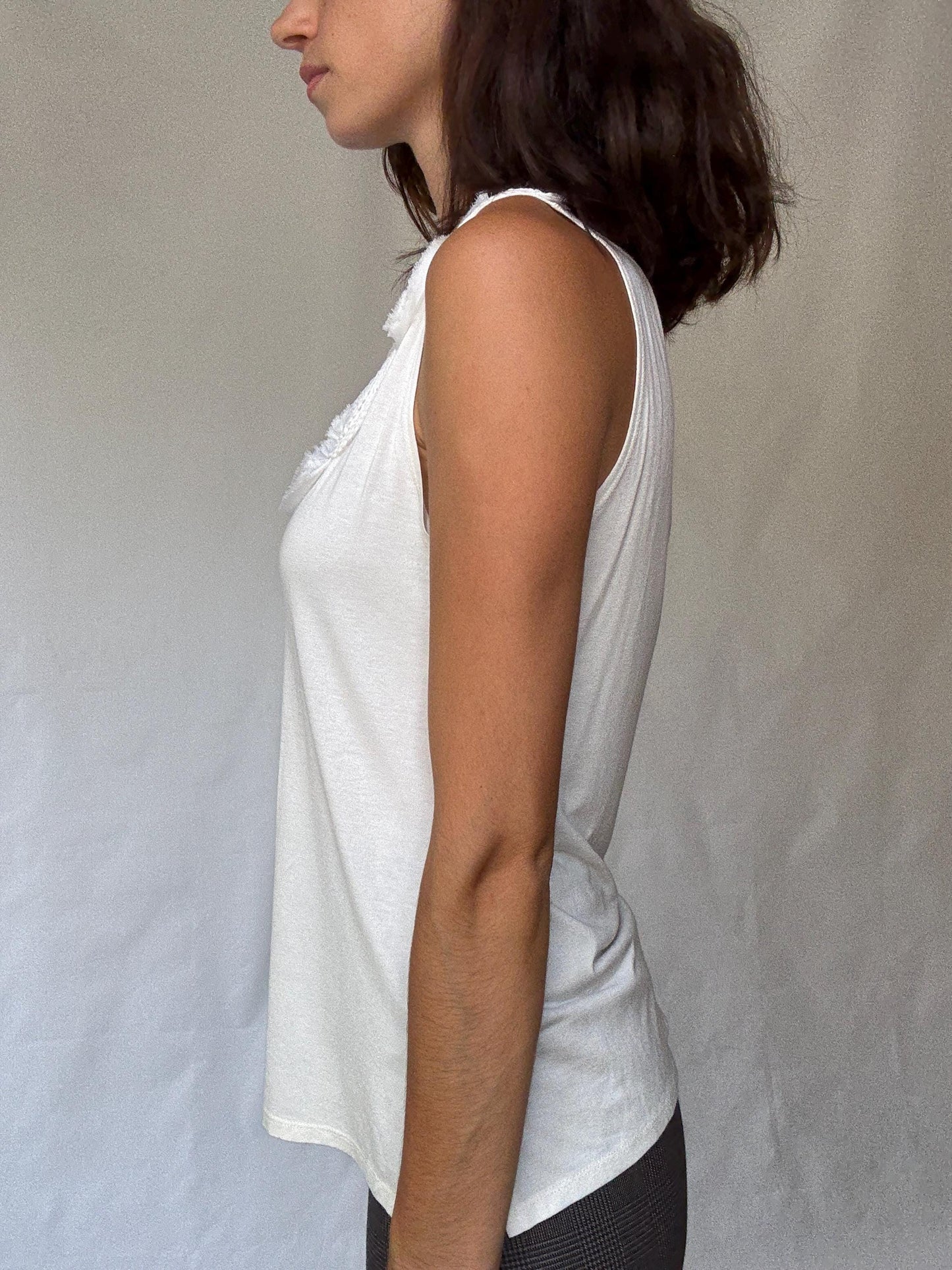 Zendra white camisole top, cotton feel, flowy fit, floral applique neckline, romantic chic, EU 46, casual everyday