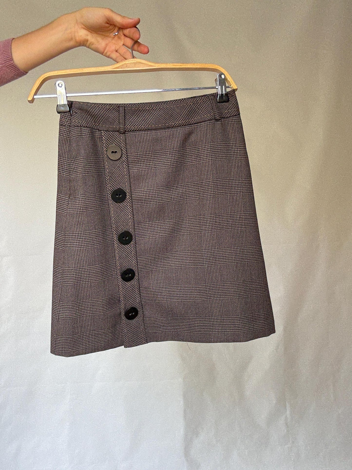 Caroll plaid skirt, wool blend, A line, button detail, vintage academia, US S, office chic