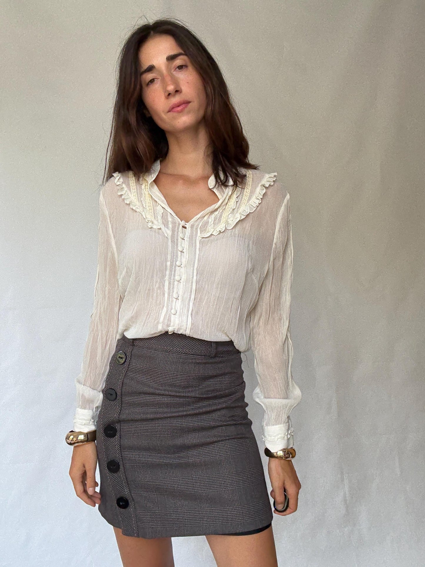 Caroll plaid skirt, wool blend, A line, button detail, vintage academia, US S, office chic
