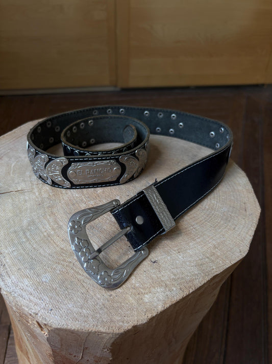 El Rancho Mexicano black leather belt, genuine leather, western style, silver, tone engraved buckle, vintage accessory, adjustable fit