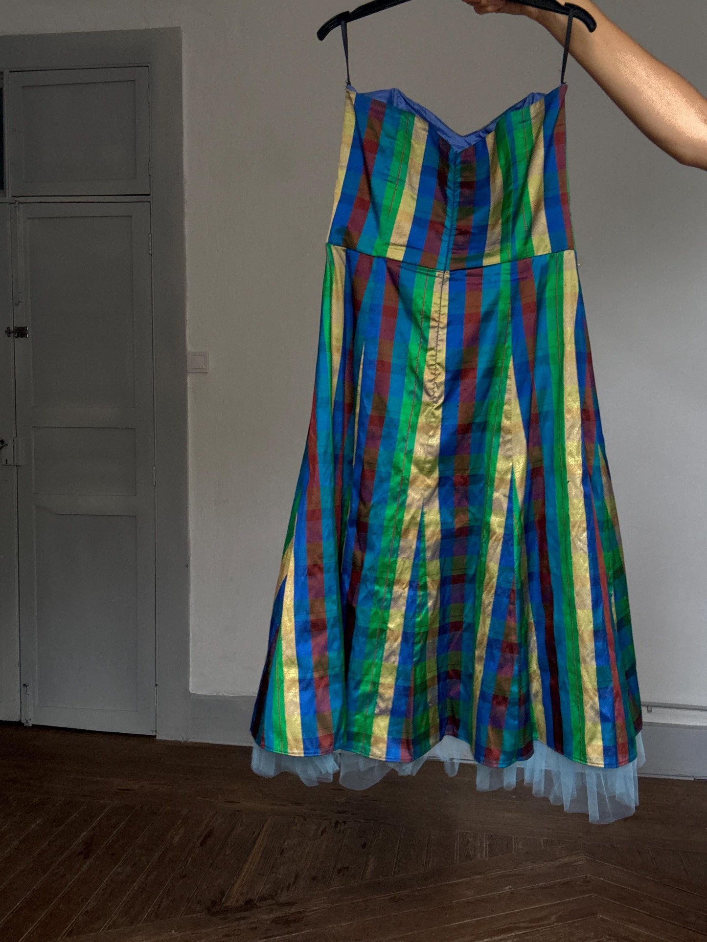 Vibrant handmade multicolor strapless dress, fitted silhouette, festival vibe, US S, party attire