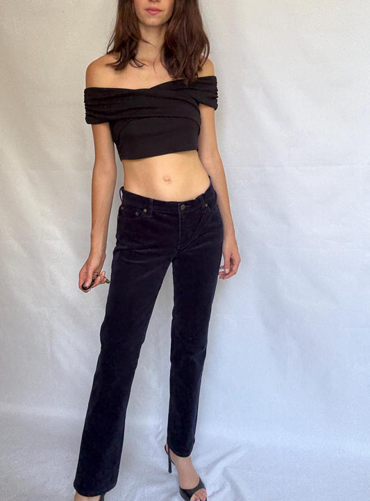 LRL Lauren Jeans Co. blue velvet cotton corduroy pants, straight leg fit, elegant preppy retro style, US M, casual chic