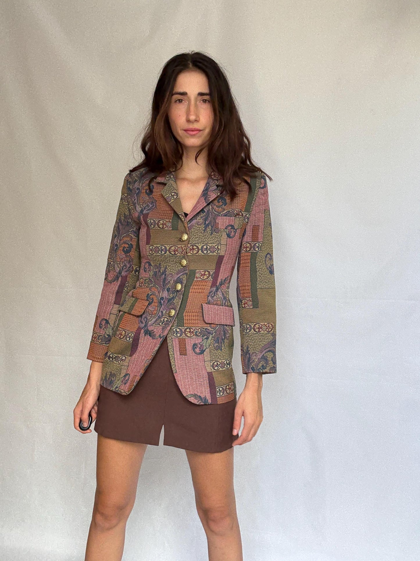 Vintage tapestry blazer, tailored fit, decorative gold buttons, baroque motifs, bohemian eclectic style, US XS, formal unique