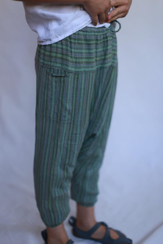 Children's green striped hippy pants, cotton, relaxed fit, elastic waistband with drawstring, retro 70s, US XXL Kids, casual playtime