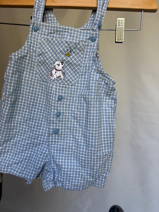 Disney blue gingham baby overall, 100% cotton, embroidered dog and bee pocket, playful casual, US size 0-6 months