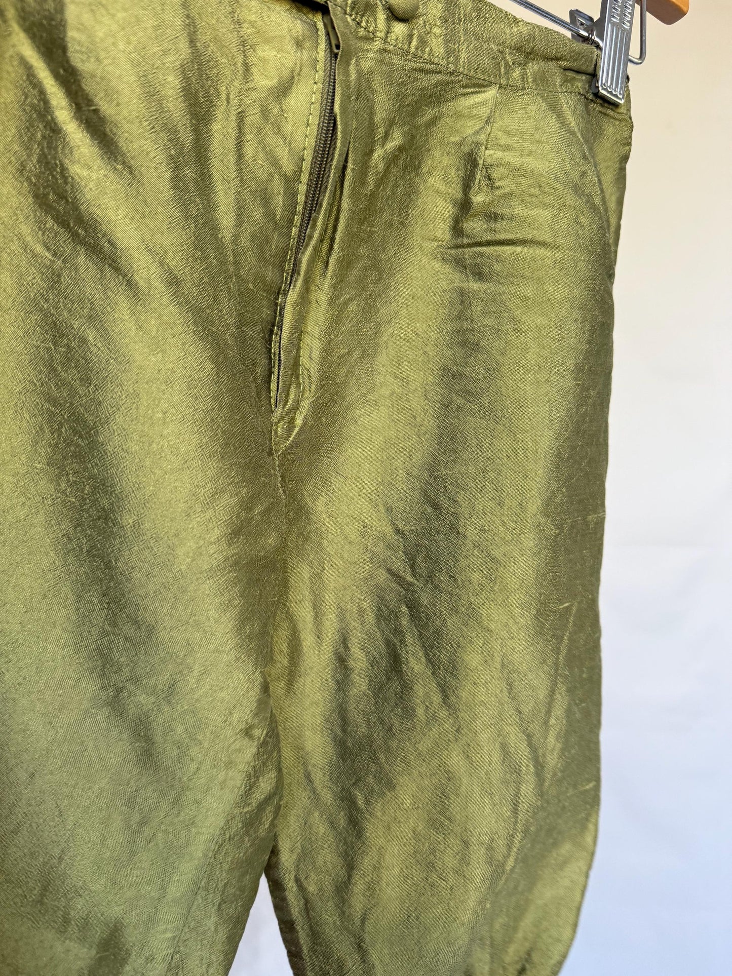 Elvira Nieto Olive Silk Cropped Pants — fabric close-up