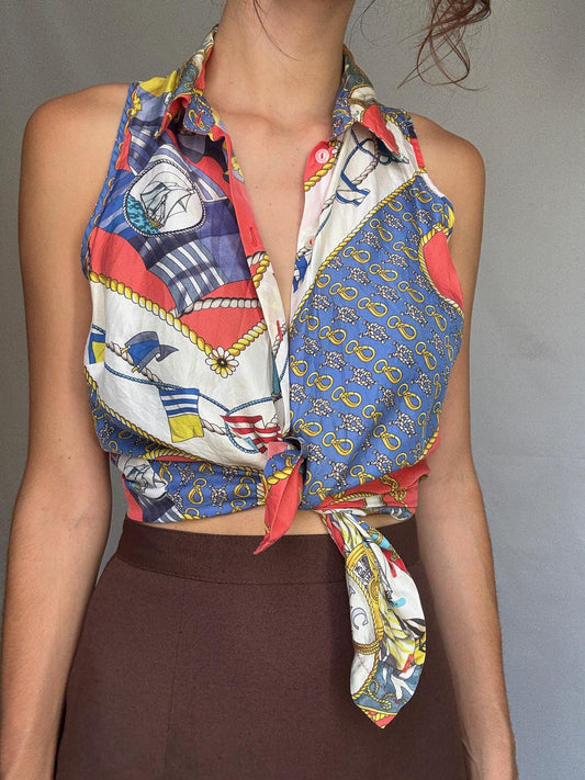 Vintage nautical print blouse, Lovely tiefront retro 80s top, Cher vibe, US S, summer streetwear