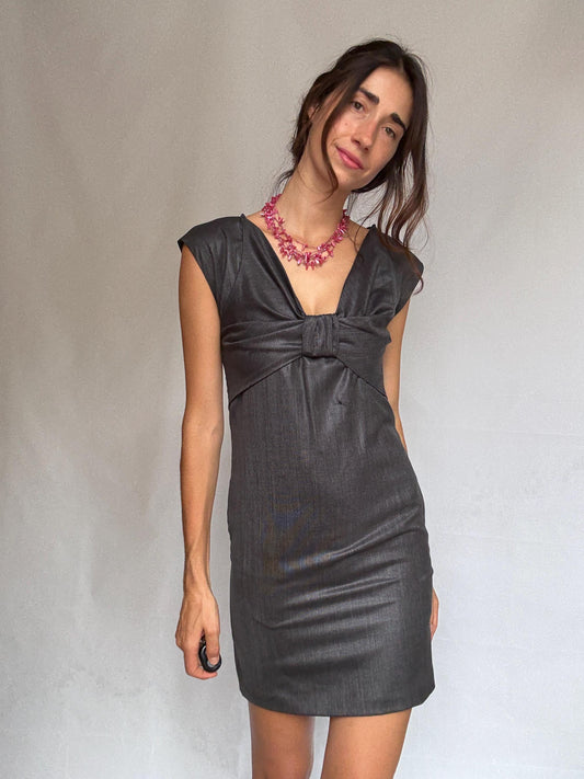 Paul & Joe Sister charcoal wool dress, fitted silhouette, front knot detail, elegant Rooney Mara vibe, US S, office evening wear