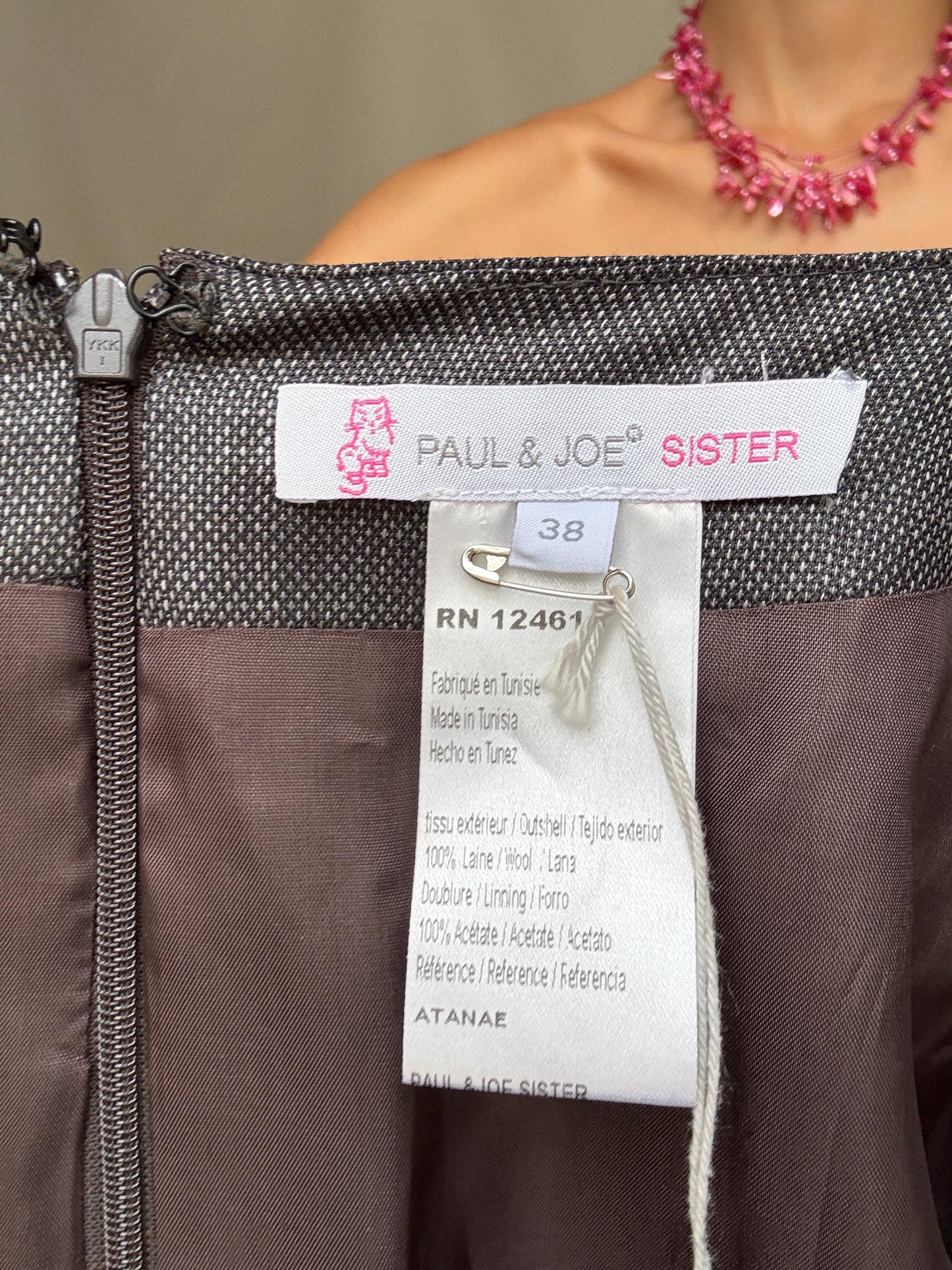 Paul & Joe Sister charcoal wool dress, fitted silhouette, front knot detail, elegant Rooney Mara vibe, US S, office evening wear