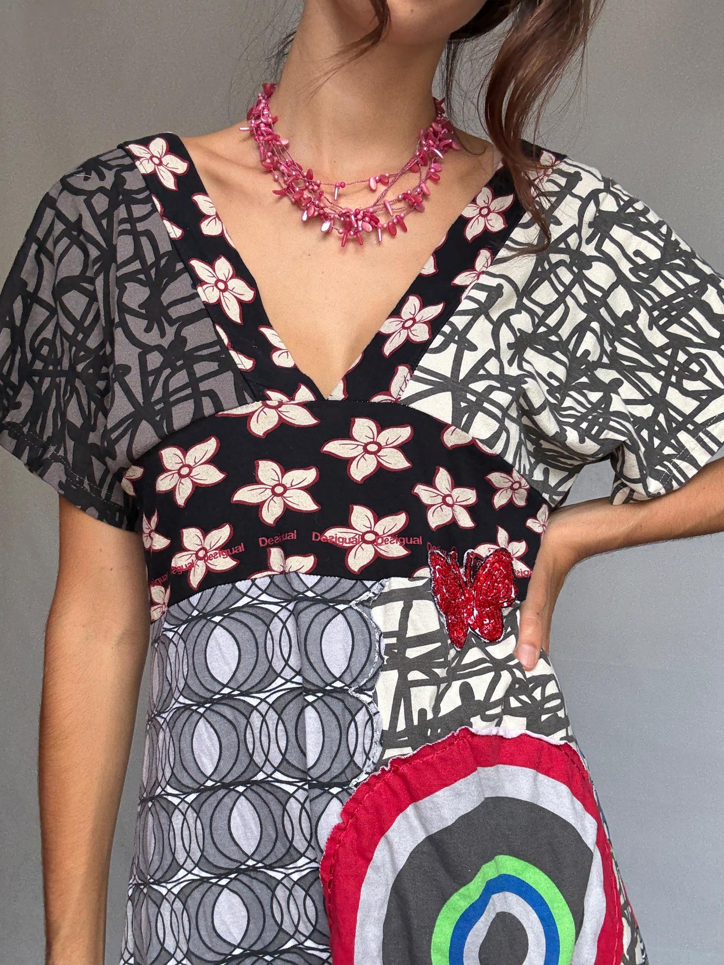 Desigual multicolor patchwork dress, 100% cotton, v, neck fit, eclectic graphic prints, vibrant floral and geometric mix