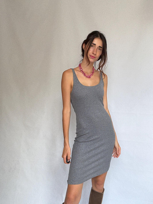 Dark gray sleeveless dress, metallic feel, form, fitting silhouette, round neckline, sparkly knit texture, y2k vibe, US XS, party evening