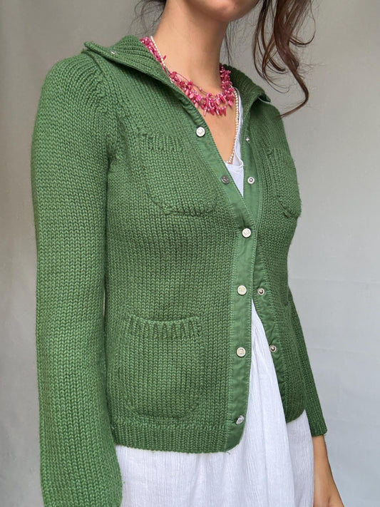 Adolfo Domínguez green cardigan, wool blend, versatile fit, button front to turtleneck, textured knit pattern, elegant casual, US S
