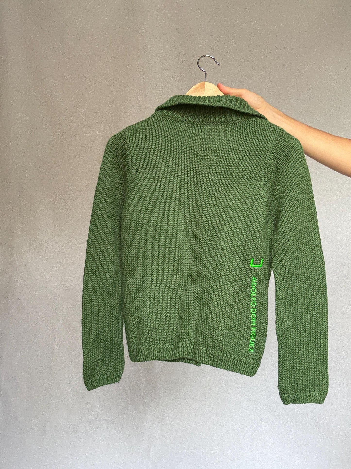 Adolfo Domínguez green cardigan, wool blend, versatile fit, button front to turtleneck, textured knit pattern, elegant casual, US S