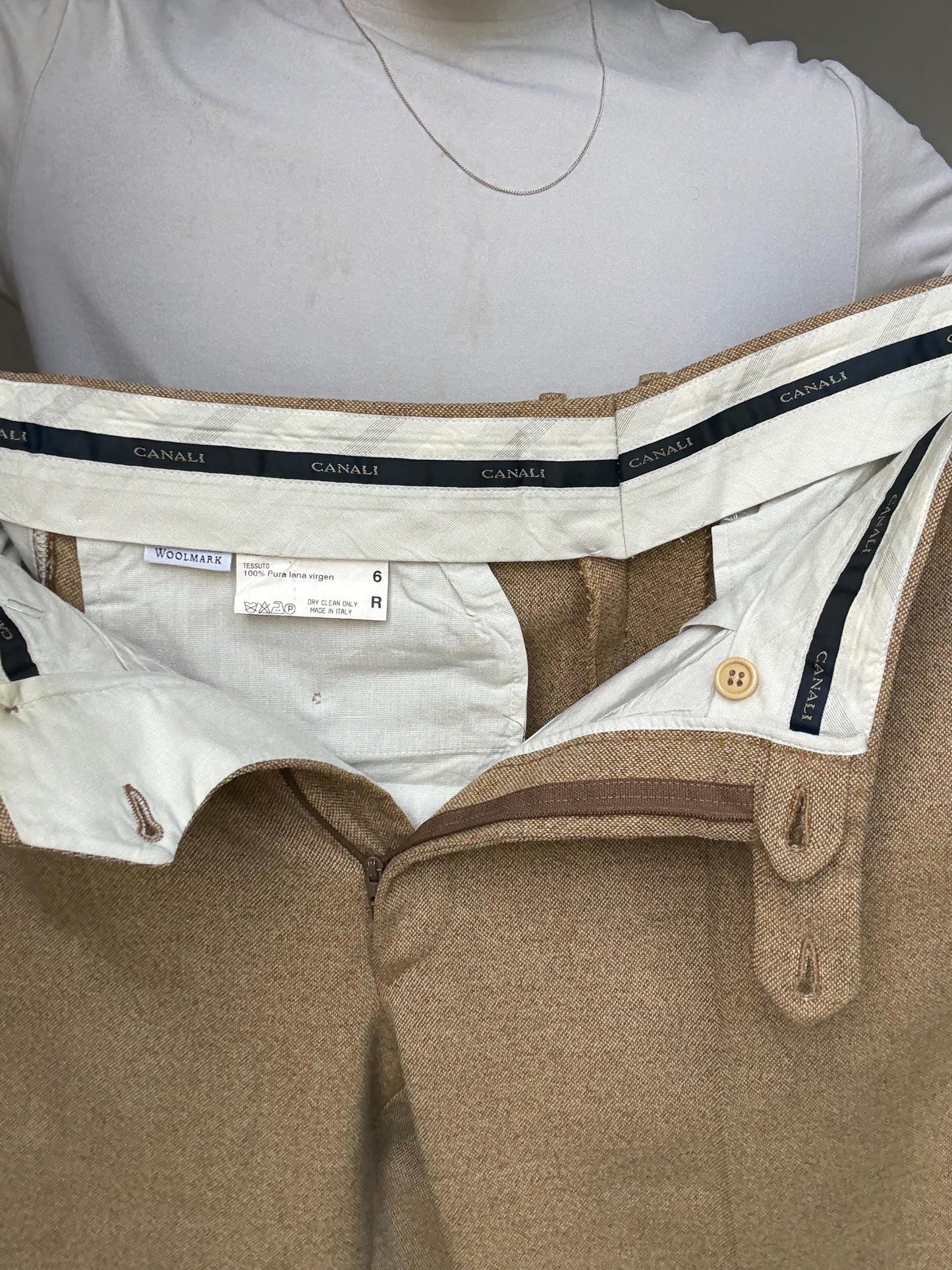 Vintage Canali tan trousers, 100% pure new wool, classic tapered fit, made in italy, Woolmark certified, old money, US L, formal wear,zipper