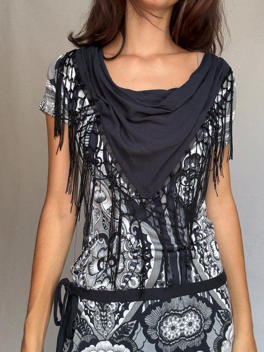 Desigual black white gray patterned blouse, cotton feel, relaxed fit, fringed scarf, bohemian artistic, US XL, casual versatile