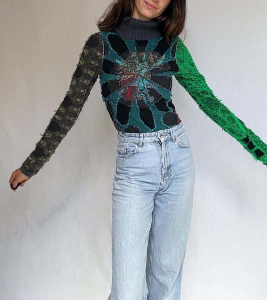 Desigual multicolor turtleneck sweater, cotton feel, relaxed fit, patchwork design, eclectic style, indie, sleaze, US M, artful streetwear